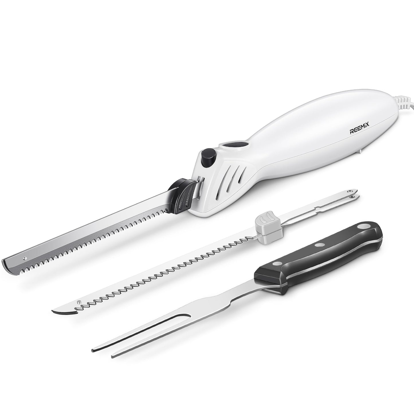 Reemix Electric Knife, Z3042 Electric Knife Set for Carving Meats, Poultry, Bread, Crafting Foam & More, 2 Blades for Meats & Bread, Fork Included (White)