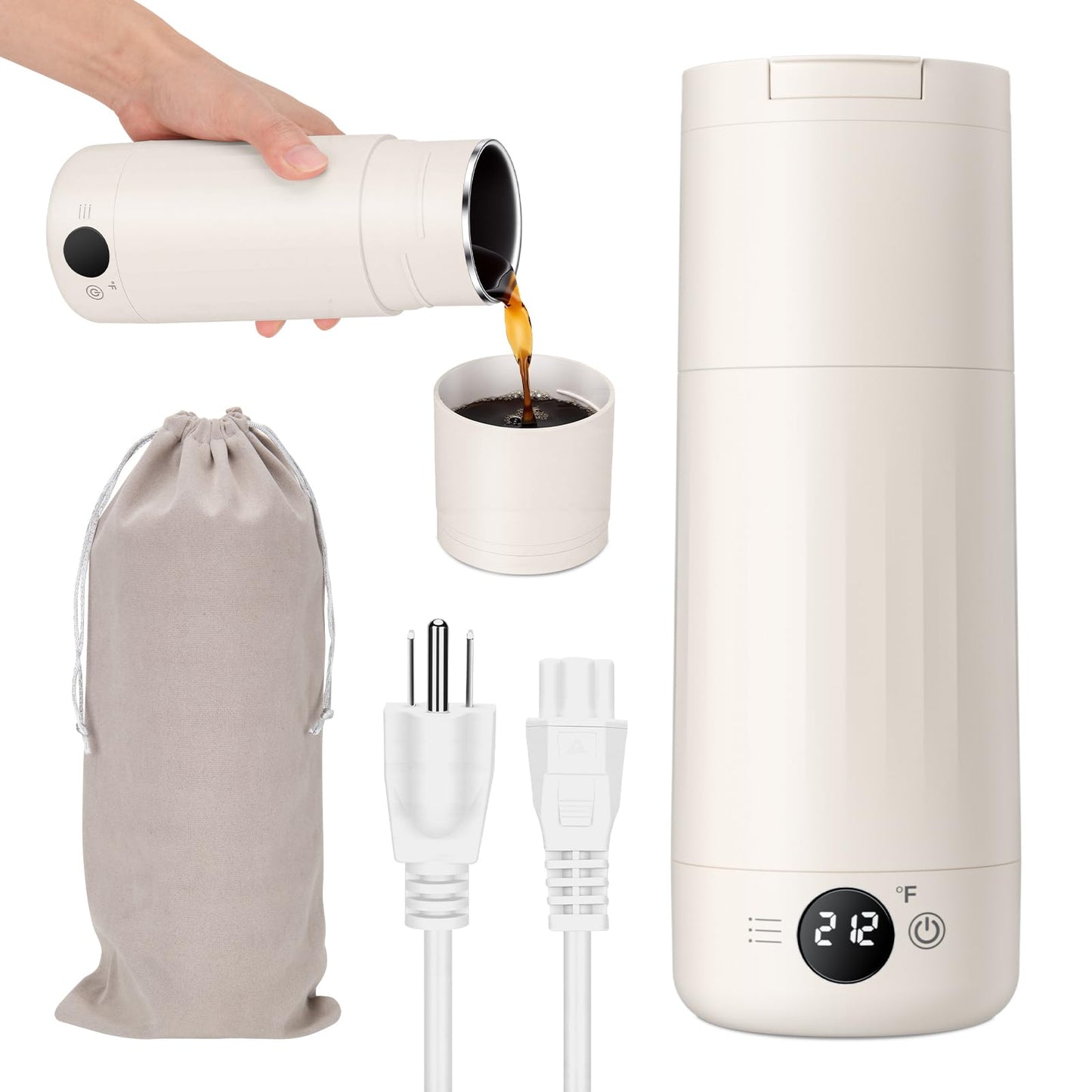 Portable Electric Kettle for Travel, 316 Stainless Steel Kettle, Hot Water Boiler with 2-In-1 Lid & Cup, 500ML Travel Tea Kettle with 8 Temperature Control, Auto Shut-Off & Boil Dry Protection (White)