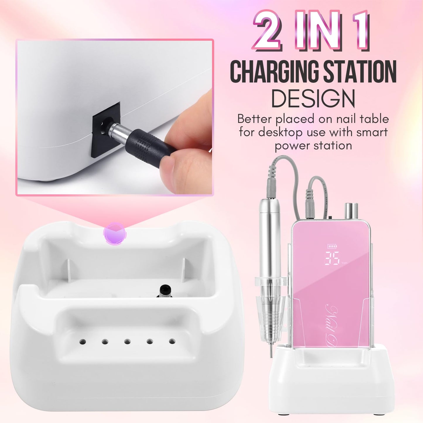 Makartt Professional Nail Drill, 35000RPM Rechargeable Efile with Coreless Motor, Nouvella Electric Nail Filer Machine for Acrylic Gel Removal with Drill Bits Set, Pink