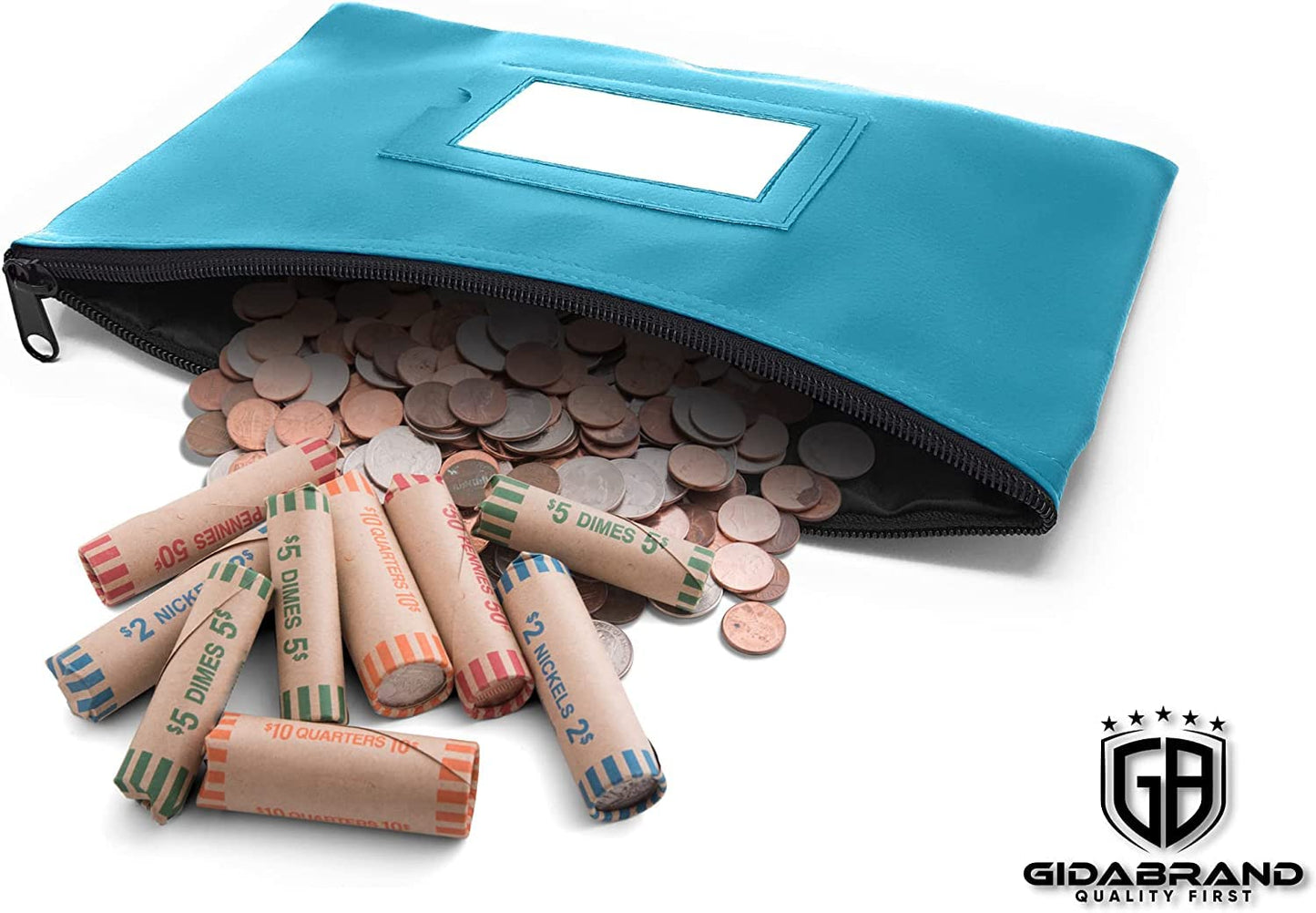 Money Bank Deposit Bag with Zipper | 11x6 inch | Light Blue | Durable Leatherette Money Cash Coin Check Wallet Pouch for Men & Women with Framed ID Window and Blank Card | by GIDABRAND (10)