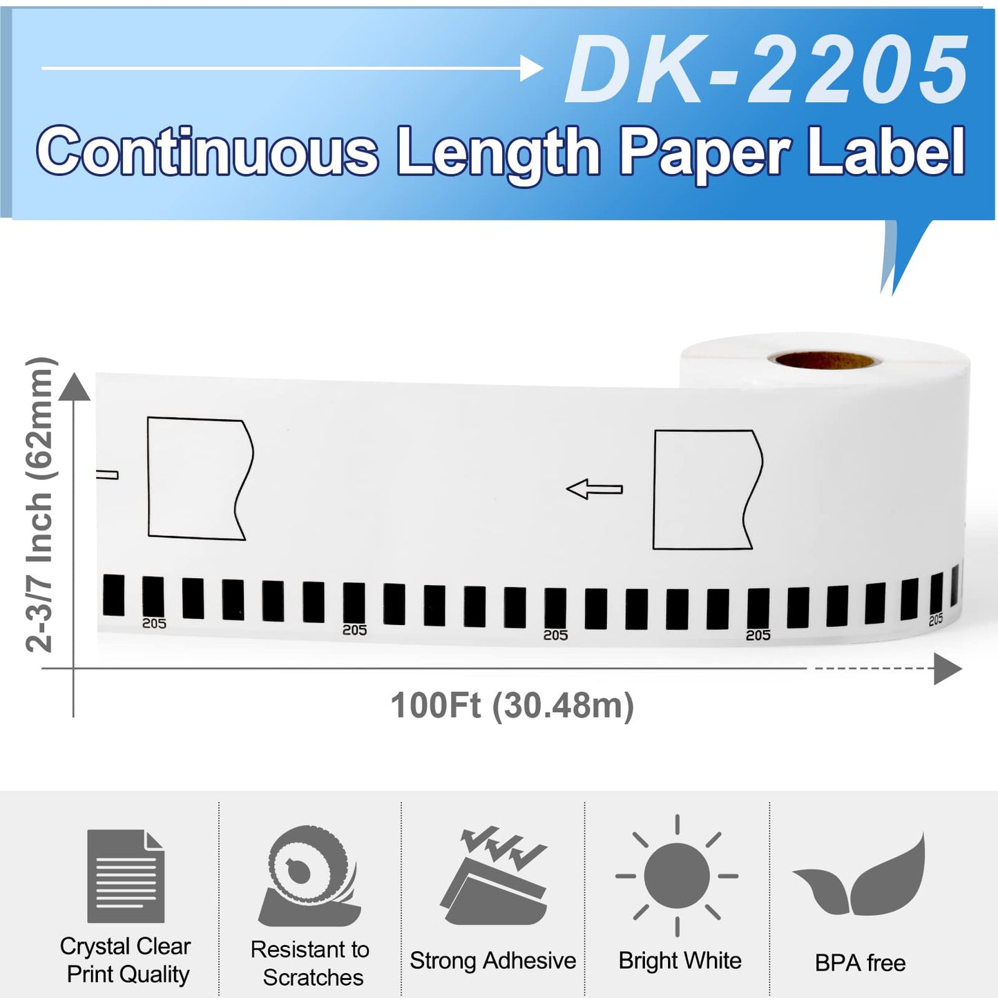 COLORTY 12 Rolls Compatible with Brother DK-2205 Continuous Paper Labels 2-3/7" x 100'(62mm x 30.48m), for Brother QL Label Printers QL-800 810W 820 820NWB 700 710W 600 1100nwb (12 Rolls + 1 Fram)