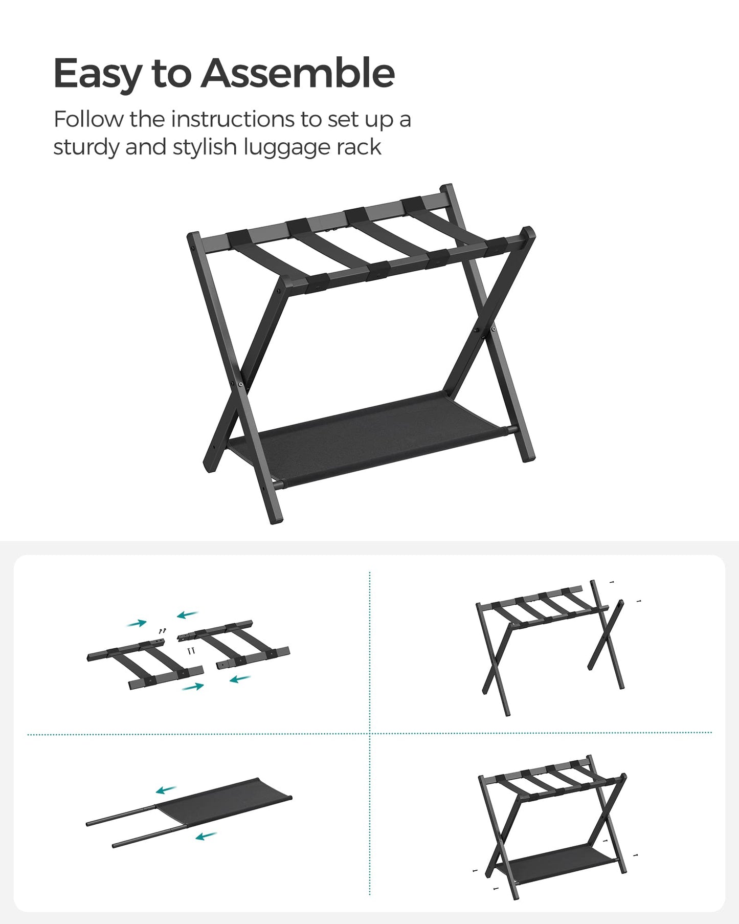 SONGMICS Luggage Racks for Guest Room, Set of 2, Suitcase Stand with Storage Shelf, Steel Frame, Foldable for Easy Storage, Hotel, Bedroom, Black URLR003B02
