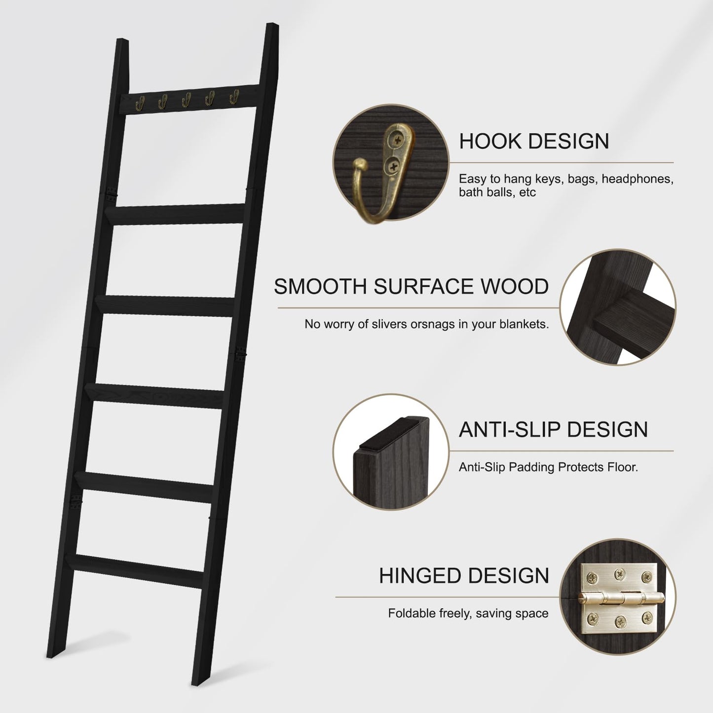 TEAKMAMA 6-Tier Blanket Ladder for Living Room and Bedroom,5.4 Ft Wall Leaning Quilt Rack with Hooks,Rustic Decorative Farmhouse Blanket Storage,Stylish Ladder Holder,Christmas Decorations,Black