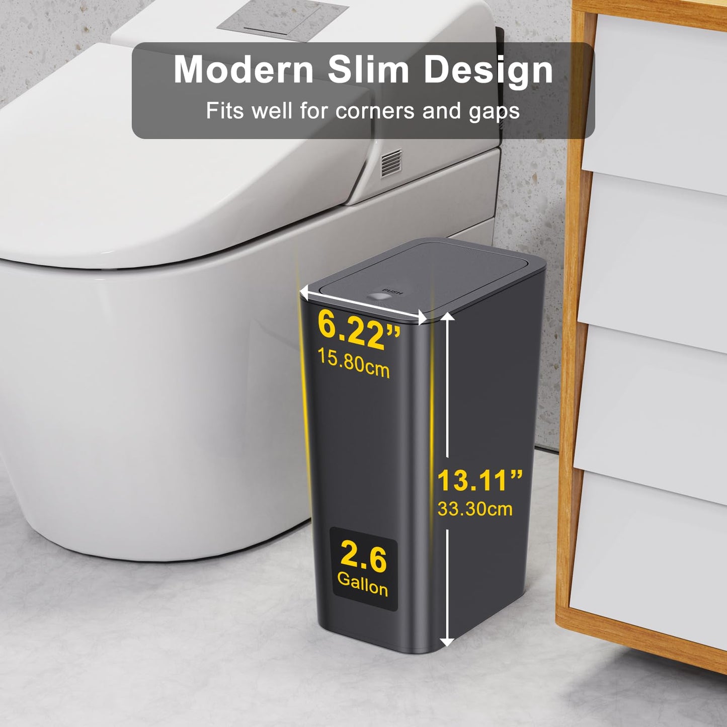 N. NETDOT 3 Pack 10 Liter Small Trash Can with lid, 2.6 Gallon,Garbage Can Slim Trash Bin Waste Basket for Bathroom,Kitchen,Bedroom,Living Room,Office,Laundry - Black