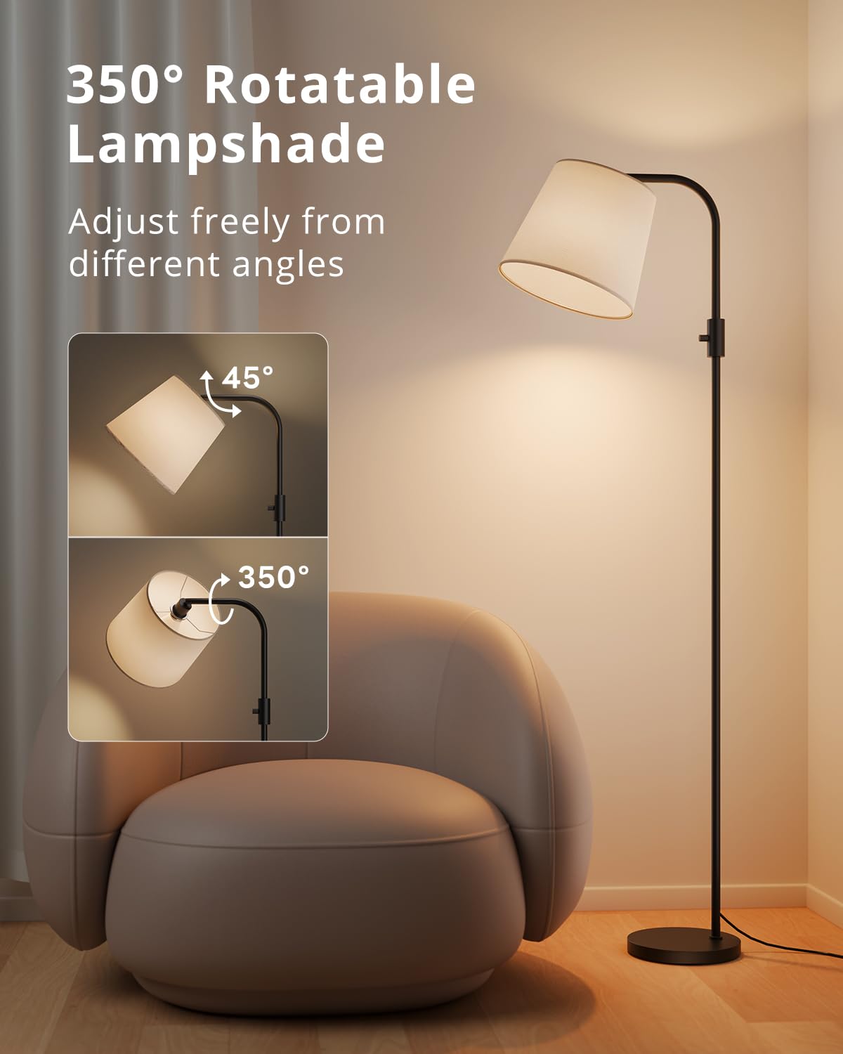 VARICART Dimmable Arc Floor Lamp, 1200 Lumens RGBCW Color Change Bulb Included, Standing Lamp with Linen Shade, 65" Tall Lamp with Remote for Living Room, Bedroom, Office, Dining Room, Kitchen, Black