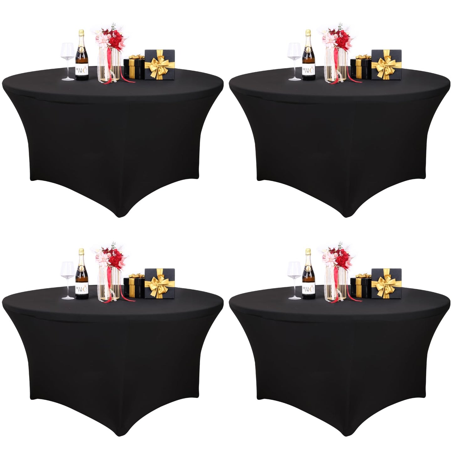 Fixwal 4 Pack 60 Inch Round Tablecloth, Fitted Spandex Round Table Cloths - Washable Black Stretchable Table Cover, Elastic Fabric for Wedding, Party, Restaurant, Christmas, Thanksgiving