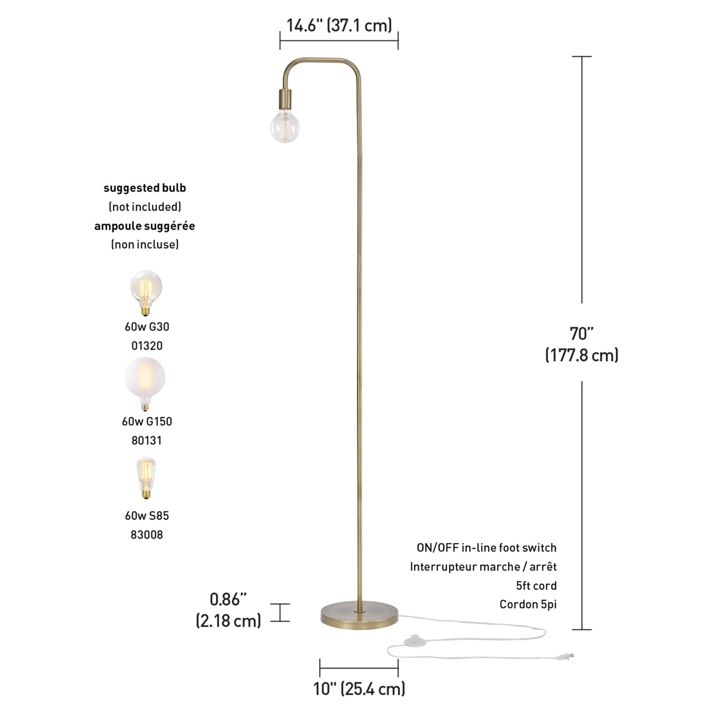 Globe Electric 67068 Holden 70" Floor Lamp, Matte Brass, in-Line On/Off Foot Switch