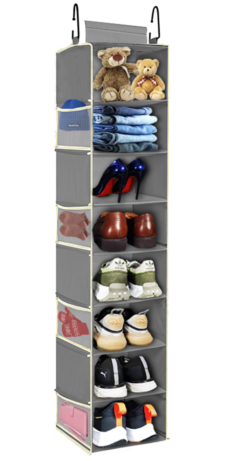 roomtalk Large-Sized Hanging Shoe Organizer 8-Shelf, Hanging Closet Organizer with 8 Side Pockets, Wider Hanging Shelves for Storage Shoes Clothes 9" W × 11.8" D× 48" H, Grey