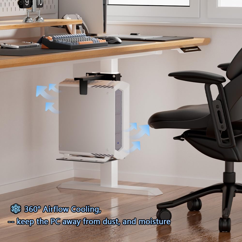 ZUAVIALA Under Desk PC Mount，No-Drill PC Holder for Standing Desk，Width Adjustable Under Desk Computer Mount with Extra Protective Arms，Holds Up to 44lbs with Anti-Slip Mat Design for Home and Office