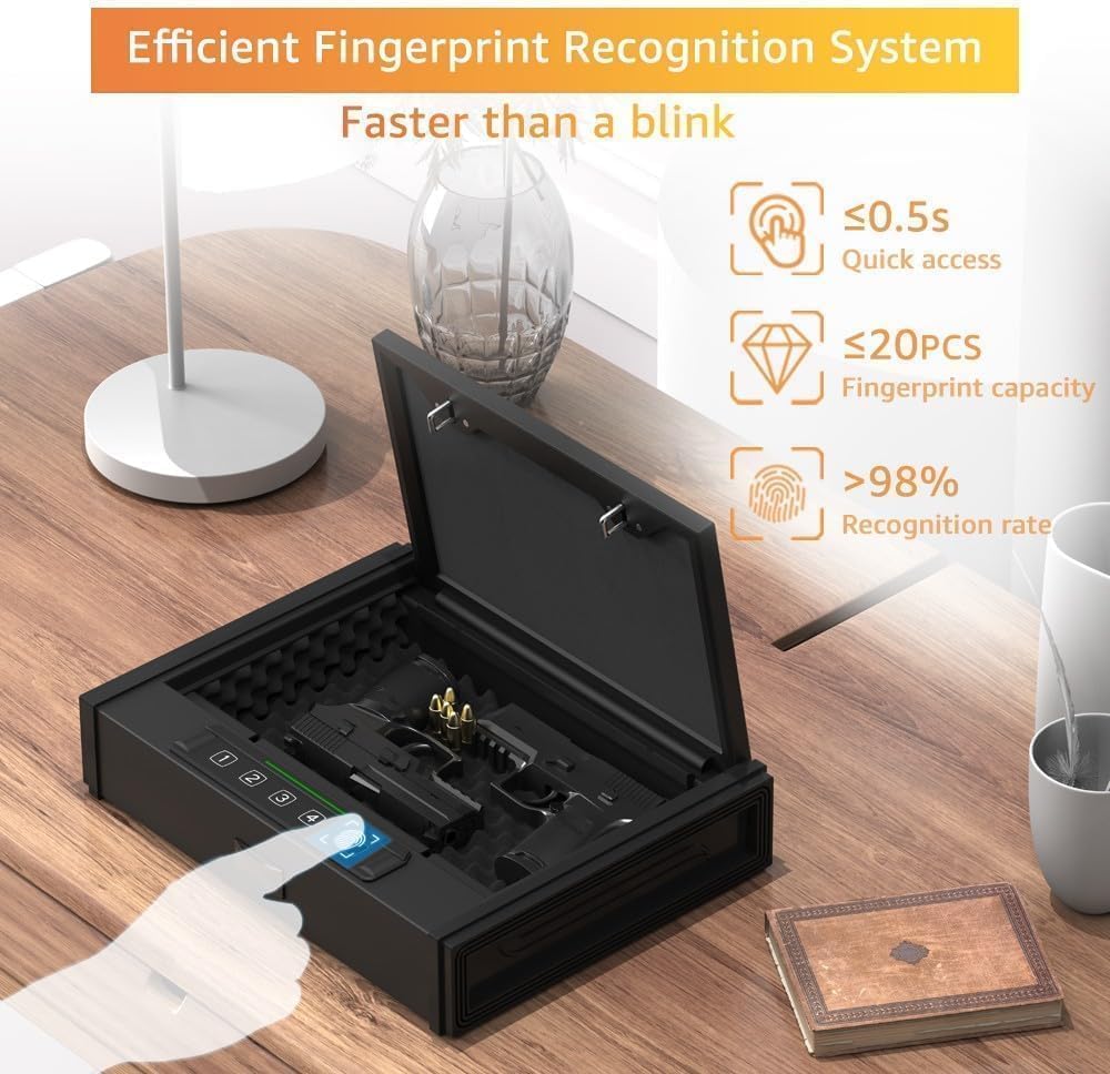 [ 20% Larger capacity ] Biometric gun safe with fingerprint lock box,Large pistol safes for handgun,nightstand hidden gun storage for bedside,quick access，ammunition storage security box for Home