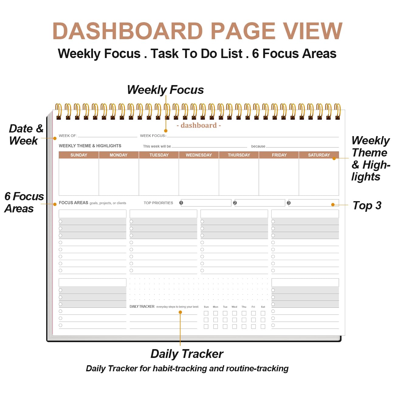 (3-Pack) Weekly Productivity Planner - 8.5" x 11" Dashboard Desk Notepad Has 6 Focus Areas to List Tasks for Goals, Projects, Clients, Academic or Meal-Organize Your Daily Work Efficiently, 54 Weeks