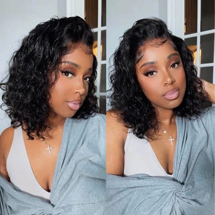 14 Inch Short Bob Wigs 13x4 Deep Wave Bob Wig Human Hair 180% Density Deep Curly 100% Virgin Human Hair Pre Plucked Wet and Wavy Glueless Transparent Lace Frontal Wig for Women Natural Hairline