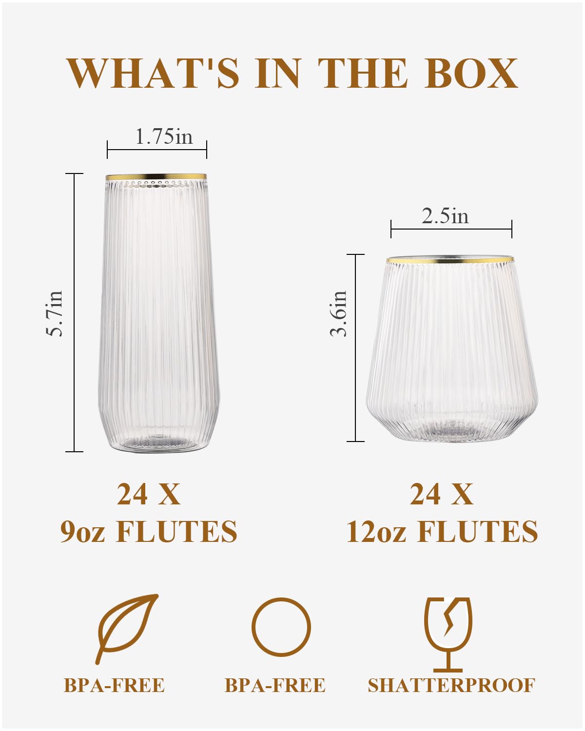 48 Pack Disposable Ribbed Origami Ripple Plastic Glasses Set - 24 9 OZ Stemless Champagne Flutes & 24 12OZ Cups, BPA-Free Shatterproof Clear Drinkware for Weddings, Parties & Events(Gold Rim)
