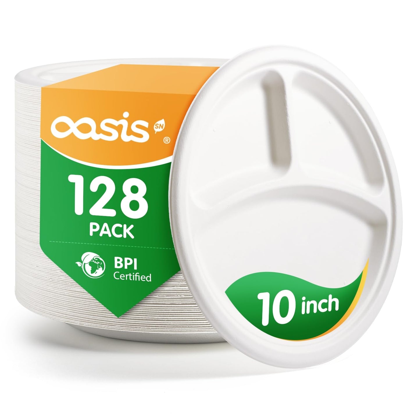 OasisSN 𝟭𝟬 𝗶𝗻𝗰𝗵, 𝟭𝟮𝟴-𝗣𝗮𝗰𝗸 3-Compartment Disposable Paper Plates, Compostable Heavy-Duty Divided Plates for Meal Prep, School Lunches & Party Buffets (White)