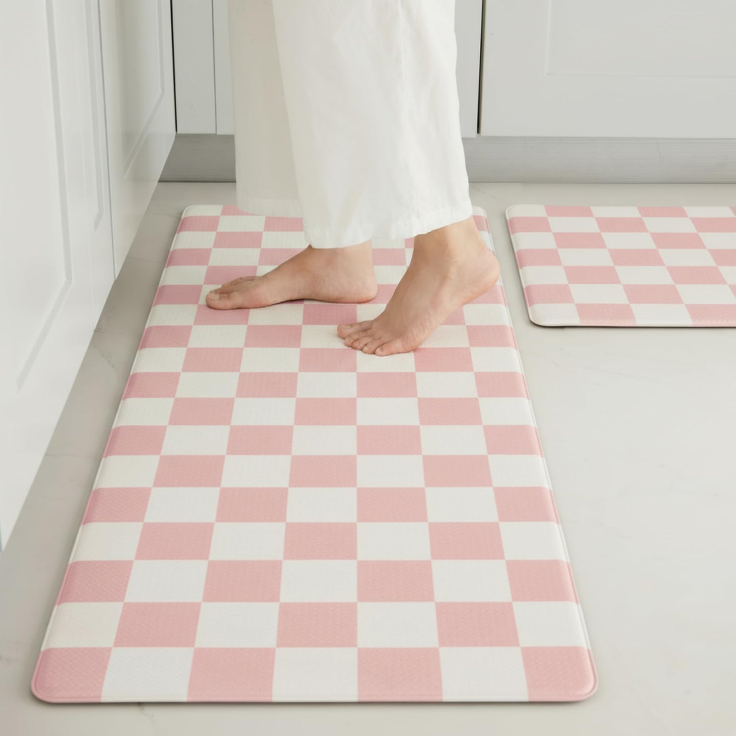 Ohocut Pink Checkered Kitchen Mats for Floor Set of 2, 2 Pcs Cushioned Non Slip Runner Rugs for Kitchen/Sink/Laundry, Comfort Aesthetic Cute Anti-Fatigue Foam Floor Mat 17.3"x29.5"+17.3"x47.2"