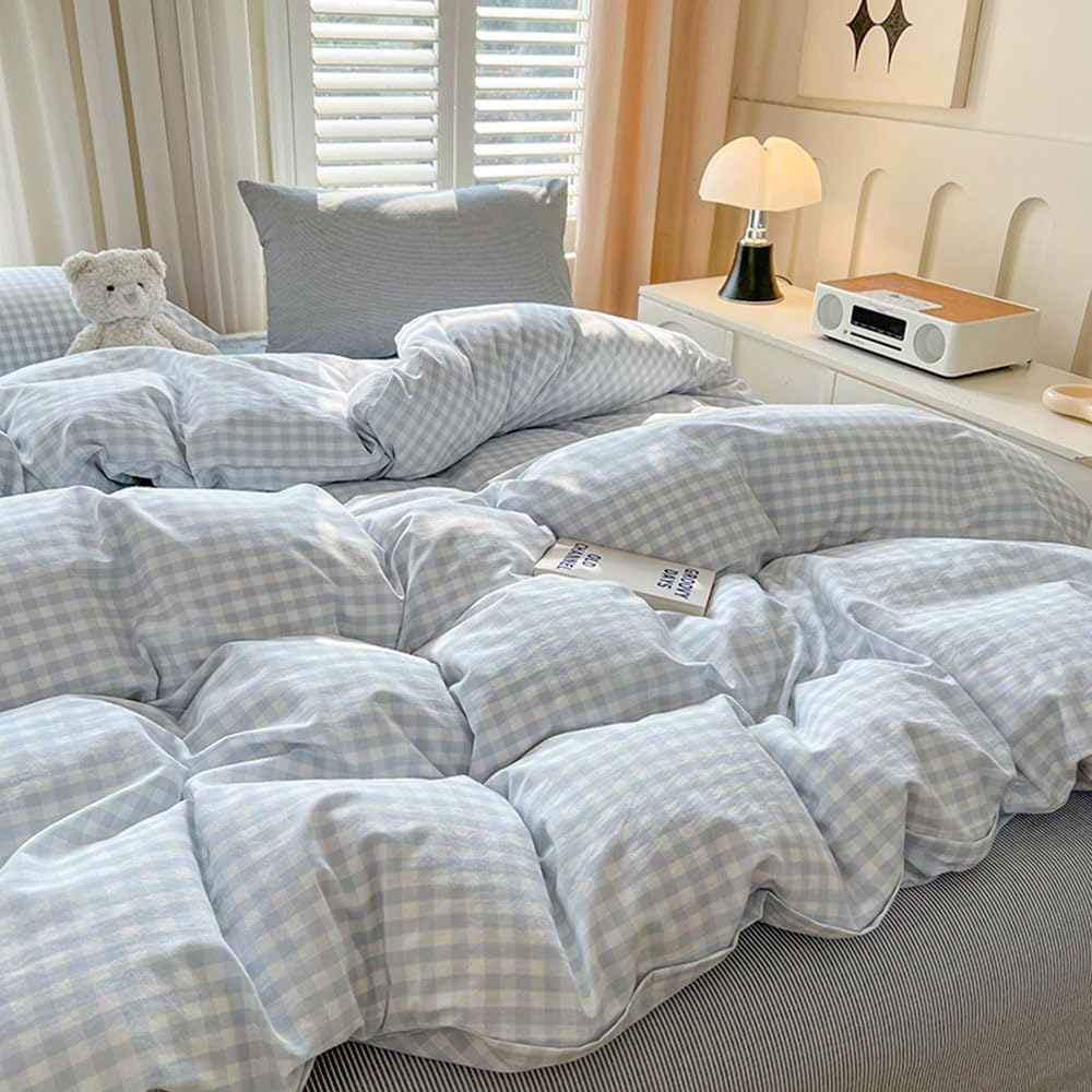 Nayoroom Blue Gingham Comforter Set Queen Size Plaid Checkered Comforter 3 Pcs Soft Lightweight Grid Farmhouse Dorm Bedding Set for All Seasons (1 Comforter, 2 Pillowcases)