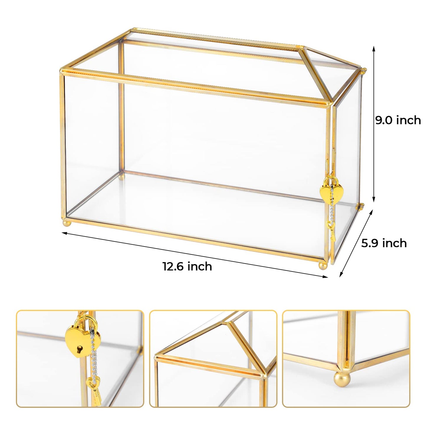 Ripprovt Glass Wedding Card Box with Lock, 12.6x5.9x9 inches Large Gold Card Boxes for Wedding Reception, Keepsake Display, Graduation, Party Centerpiece Decorative Box