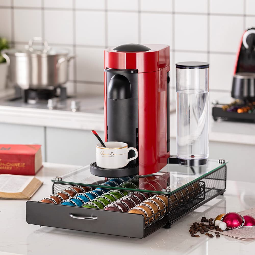 FlagShip for Nespresso Pod Holder Coffee Pod Storage for Vertuo Pod with Crystal Tempered Glass Top(50 Pods Capacity)