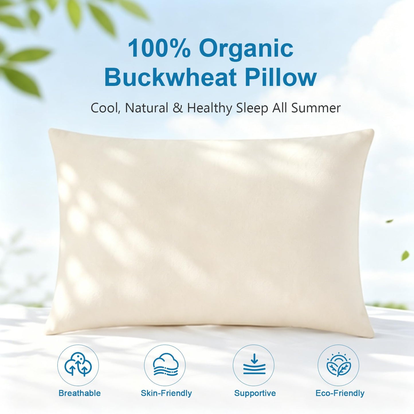 MIOTO Organic Buckwheat Pillow for Sleeping with Dual-Layer Pillowcase and Extra Tartary Buckwheat Hulls, Adjust Height and Firmness, Neck Support Pillow for Back and Side Sleepers 14"x20"