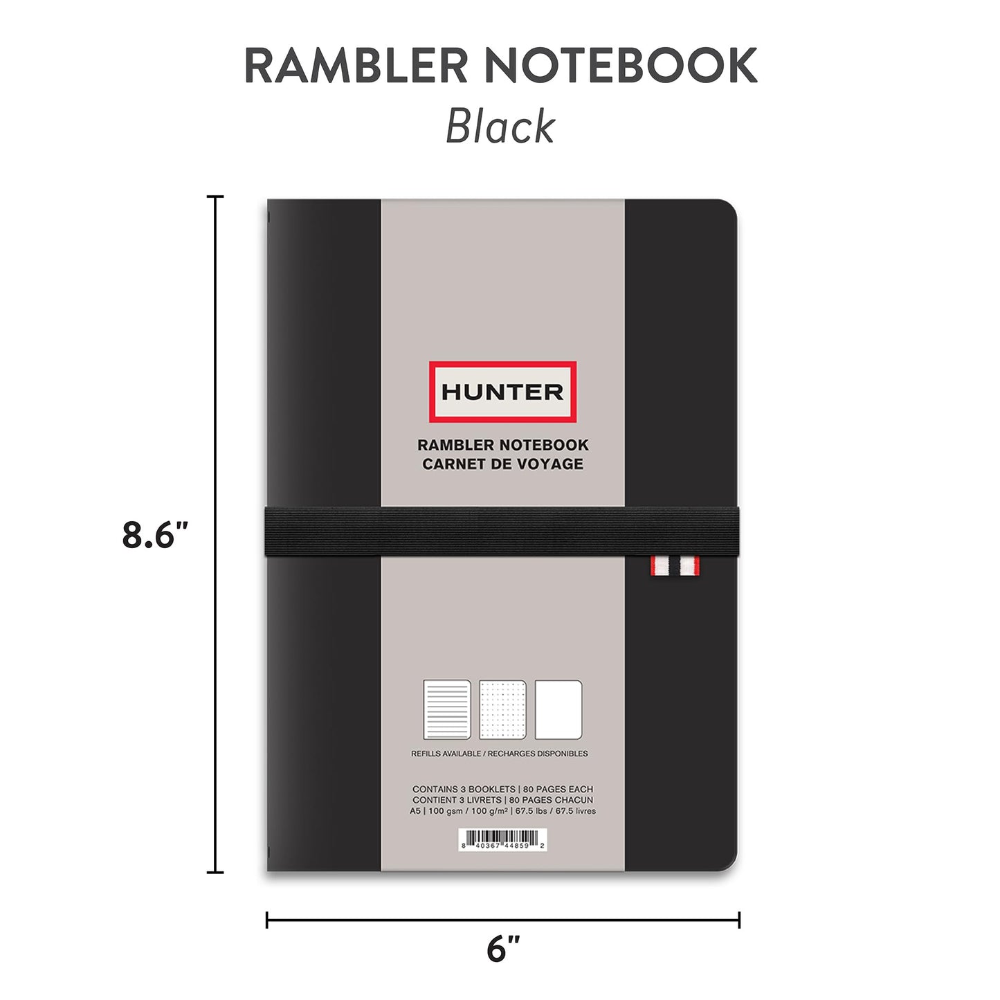 Hunter - Rambler Refillable Notebook, 8.6” X 6” Book with 3 A5 Booklets, 80 Pages Each of Lined Paper, Dot Grid, & Blank Pages for Drawing or Journaling, Elastic Band & Inside Pocket, Black