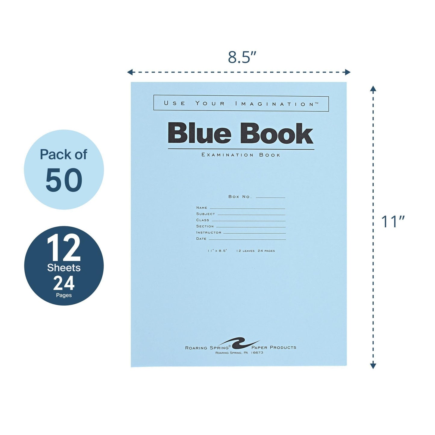 ROARING SPRING Exam Blue Books, 50 School Examination Booklets, 11" x 8.5", 12 Sheets/24 Pages, Wide-Ruled with Margin Student Testbook, Made in USA