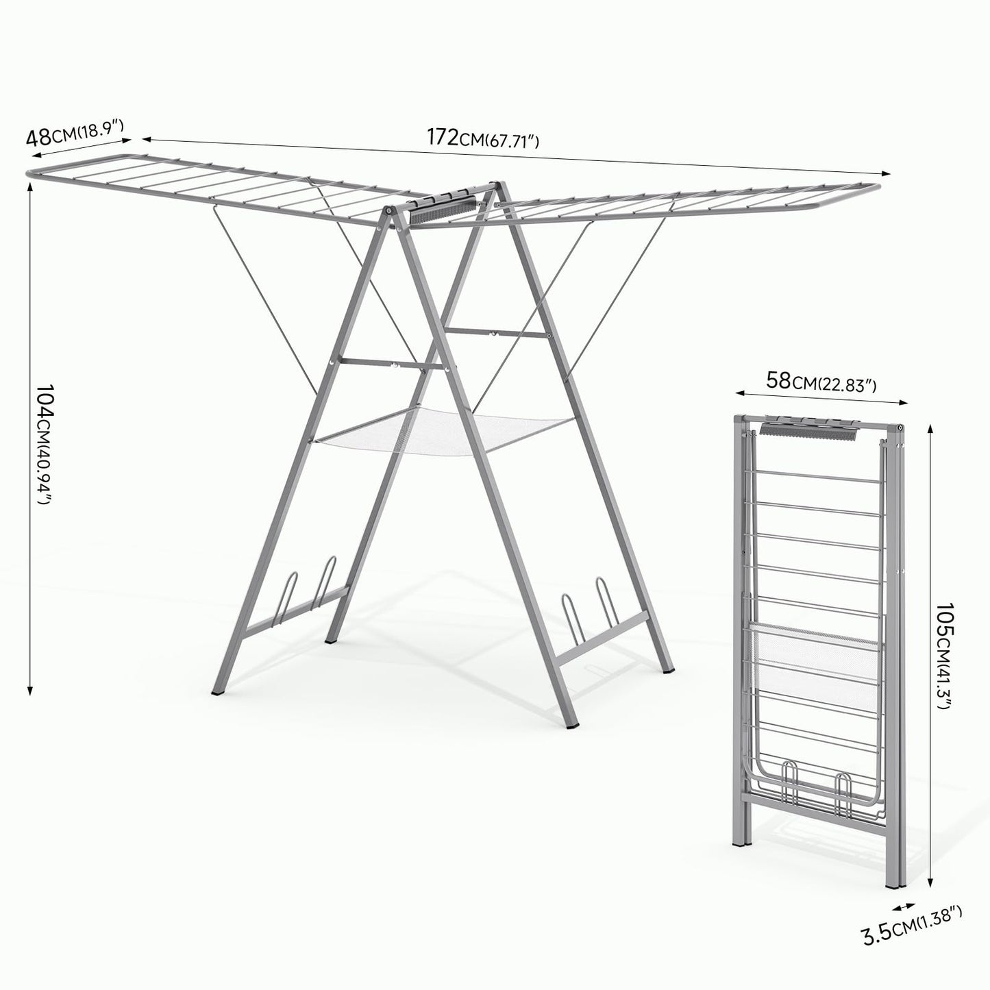 APEXCHASER Drying Rack Clothing, Clothes Drying Rack Foldable, Metal Laundry Drying Rack Collapsible for Sweater Towel Indoor & Outdoor, Height Adjustable Gullwing Clothes Airer, Grey
