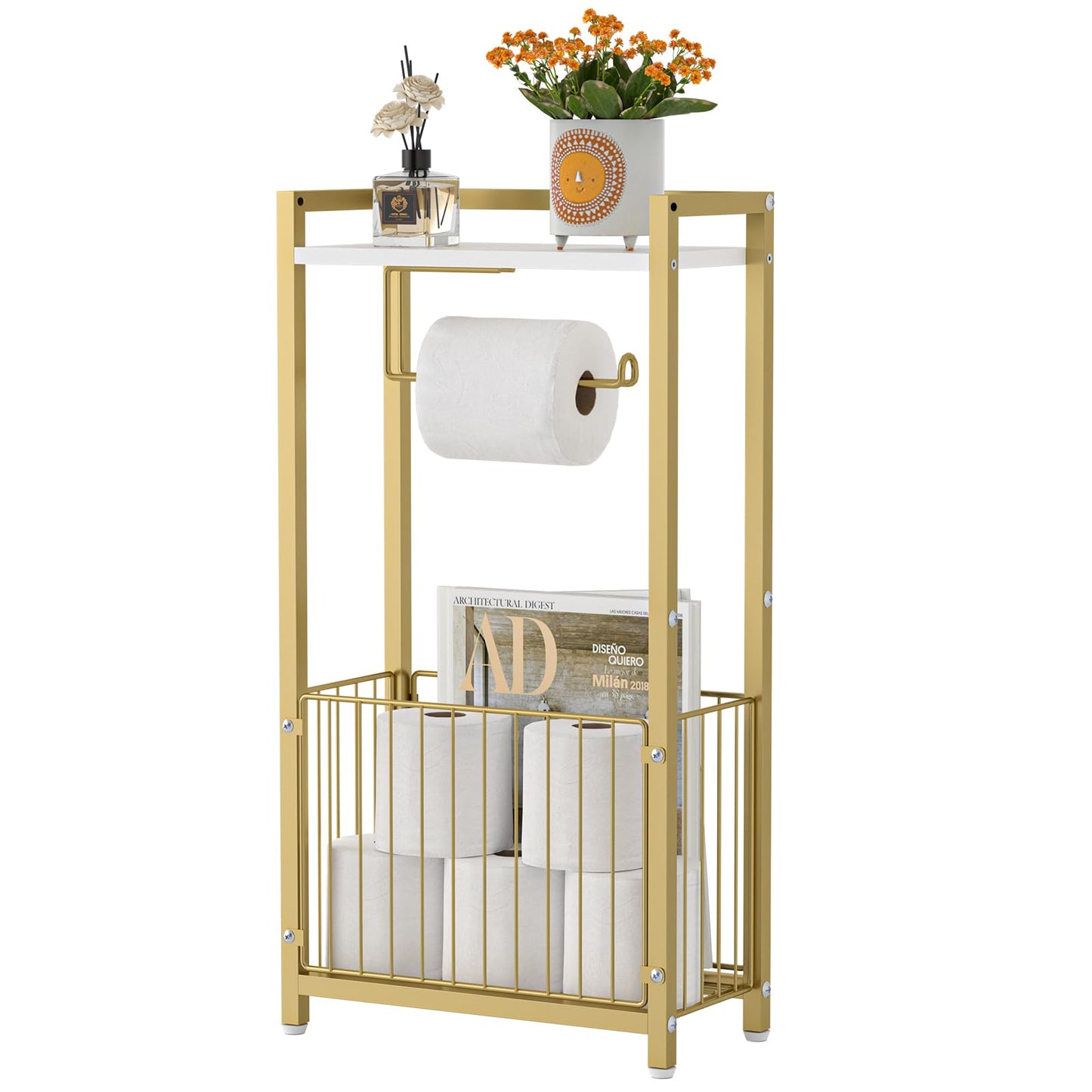 Toilet Paper Holder with Storage Shelf - Freestanding Roll Dispenser for Bathroom, Bathroom Organizer for Tissues and More Gold