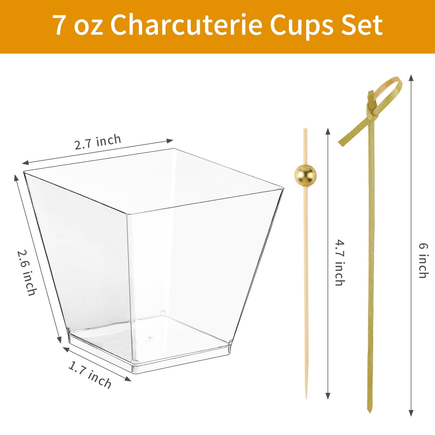 Zezzxu 50 Sets 7 oz Plastic Charcuterie Cups with 200 Sticks, Square Appetizer Cup with Cocktail Picks Mini Party Serving Cups for Fruit, Snack, Dessert