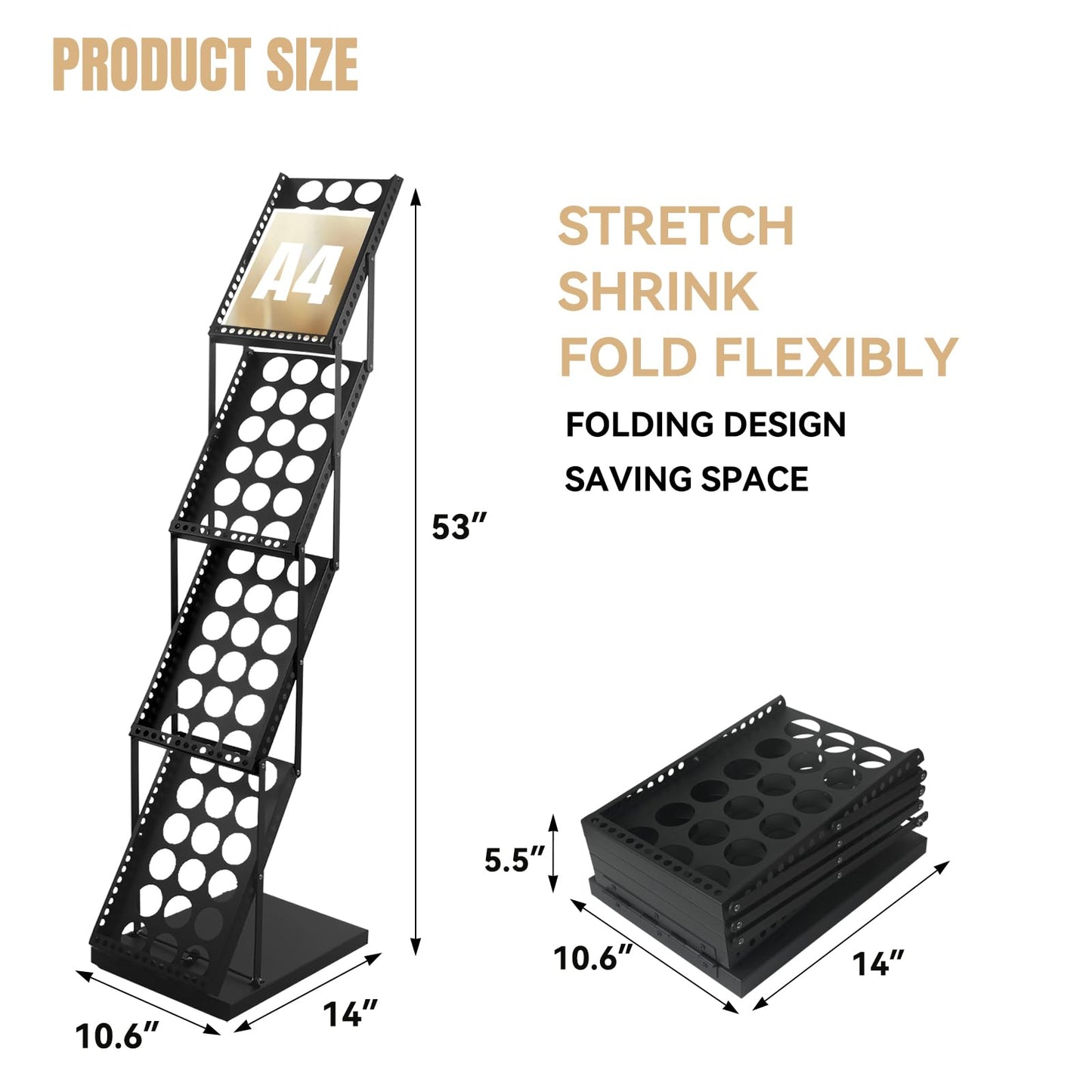 WEWLINE Foldable Magazine Brochure Display Rack, Literature Catalog Rack, Floor-standing Magazine Holder for Office Store, Exhibition and Trade Show (4 Pockets)
