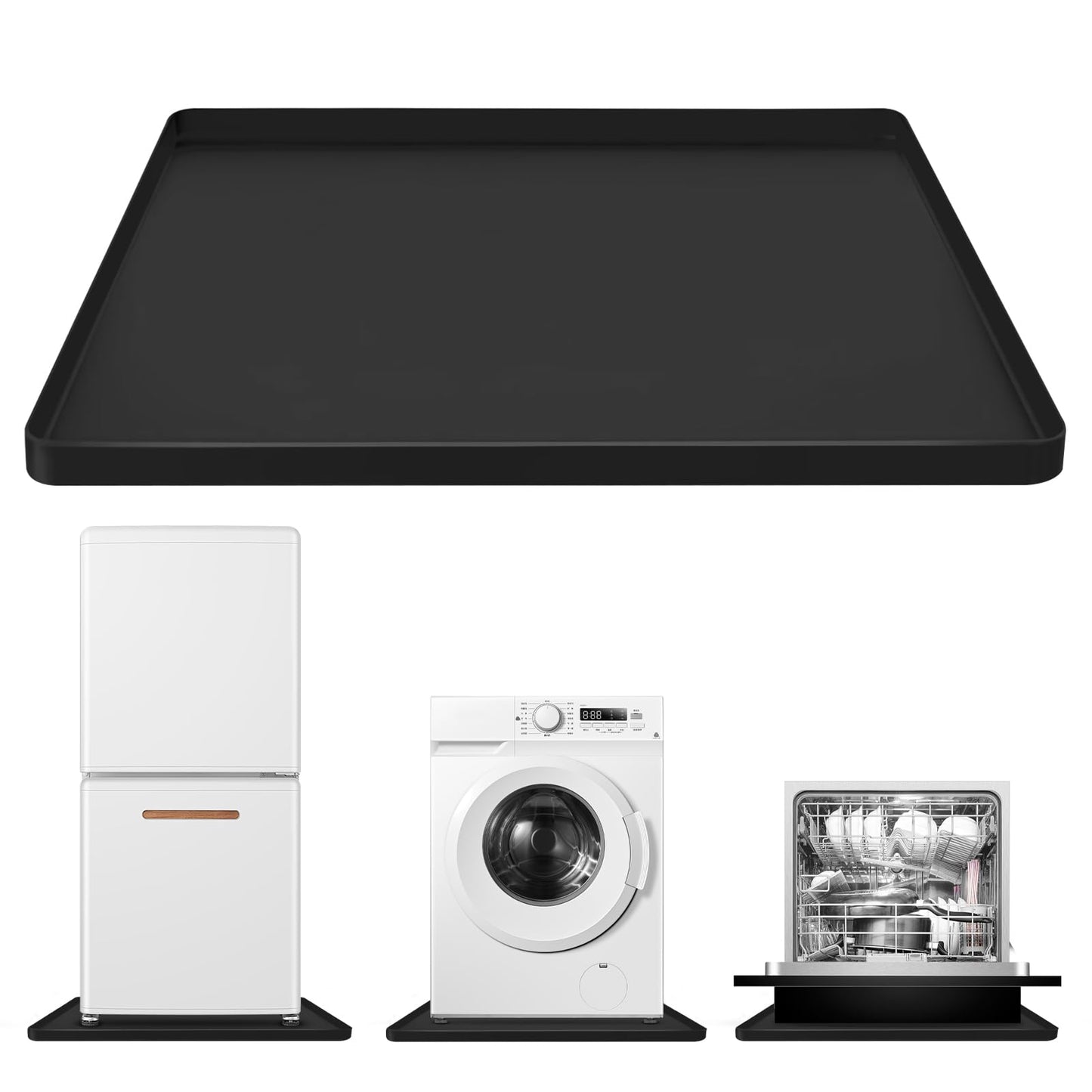Large Washing Machine Mat 28" x 28" Silicone Under Washer and Dryer Drain Pan Drip Tray Floor Protector Non-Slip Flexible Soft Mat Waterproof Raised Edge 0.98'' Black