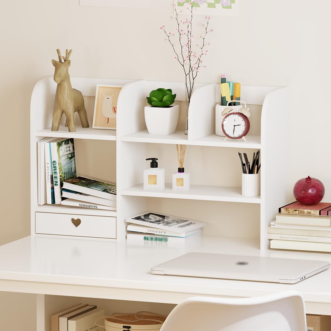 CONKAWACA Cute Bookshelves Cute Bookshelf for Desk Kawaii Desk Organizer with Drawer Office Desk Organizers and Accessories Storage Home Decor Display (White)