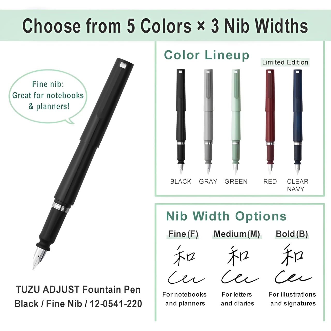 Sailor TUZU ADJUST Fountain Pen, Fine Nib (F), Rotating Nib Feature and Natural Fit Grip, Includes 2 Ink Cartridges (Black) and Converter, Perfect for Beginners and Seasoned Users, Black, 12-0541-220