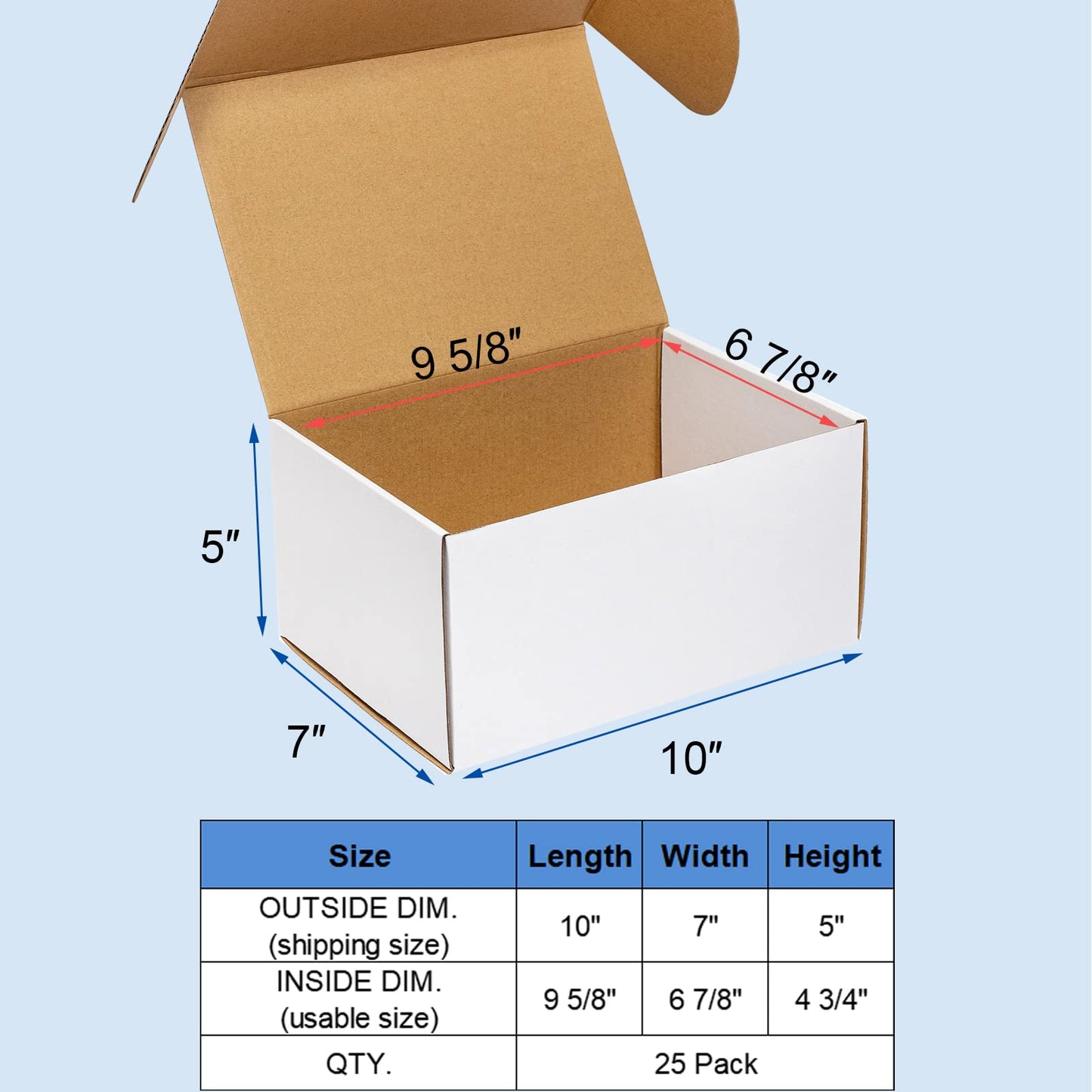 Wowxyz 10x7x5" 25 Pack Shipping Boxes - White Corrugated Cardboard Mailing Boxes for Small Business - Flat Empty Literature Mailer Packaging Supplies
