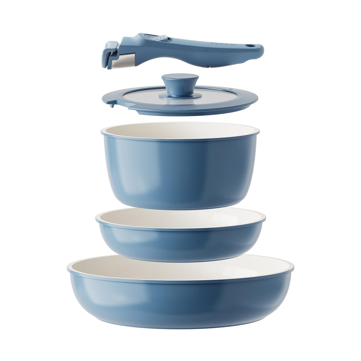 Redchef Ceramic Cookware Set, Removable Handle Pots and Pans Non-Stick, Rv Cookware Set, Non-Toxic Pots and Pans Set No PFAS, PTFE, PFOA, Detachable Pots and Pans, Dishwasher & Oven Safe(Blue)
