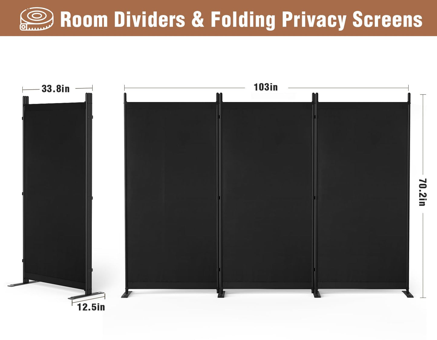 Yettsoy Room Divider 6FT Folding Privacy Partition Screen, 103'' W Freestanding Wall Divider for Room Separation, Portable 3 Panel Room Divider Panel Privacy Screen for Dorm Studio Office, Black