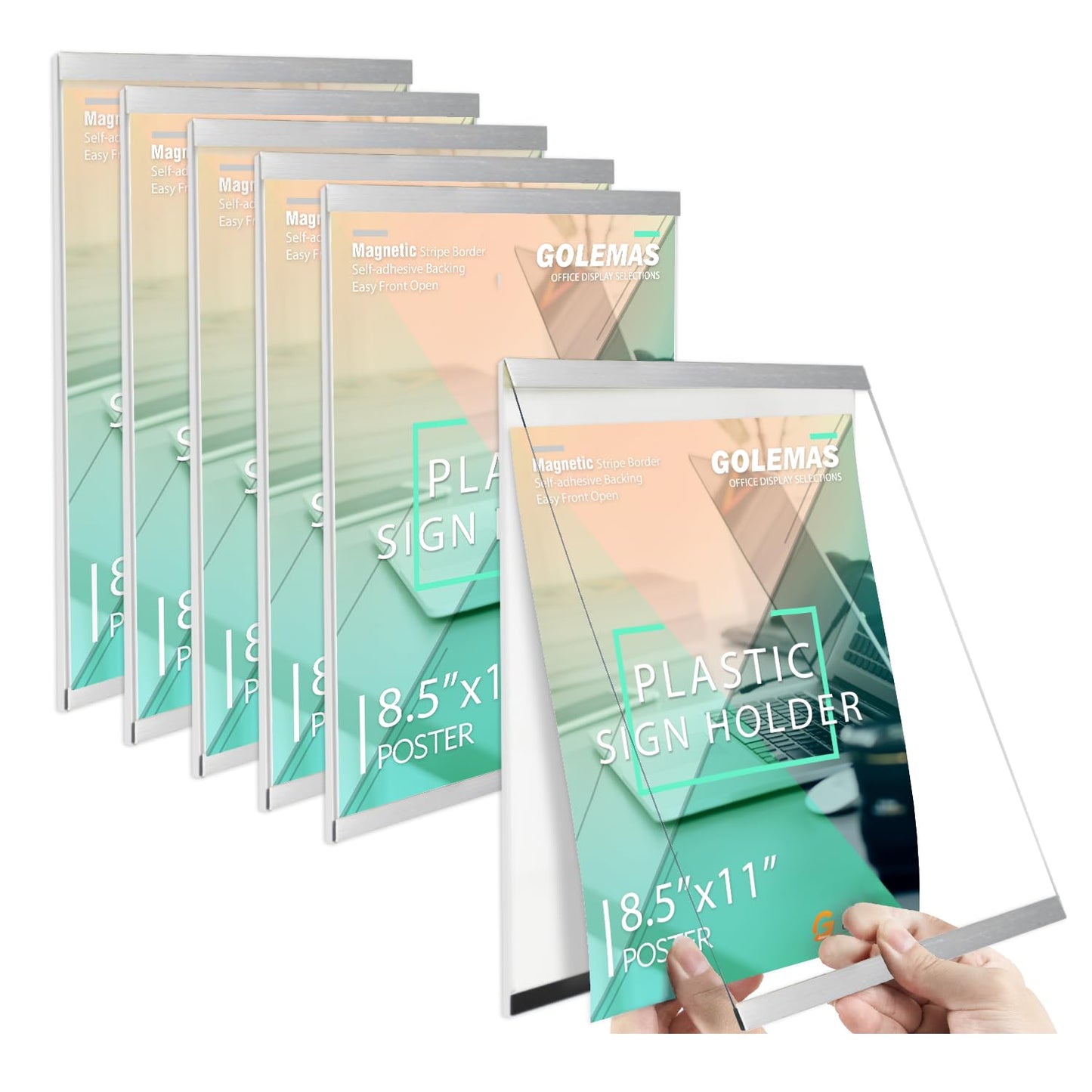 Golemas Acrylic Magnetic Sign Holder, Easy-Opening 8.5 x 11 Wall Mount Display Frames, Self Adhesive Back Plastic Clear Document Holder, Silver Aluminium Strips Frame (6Pack)