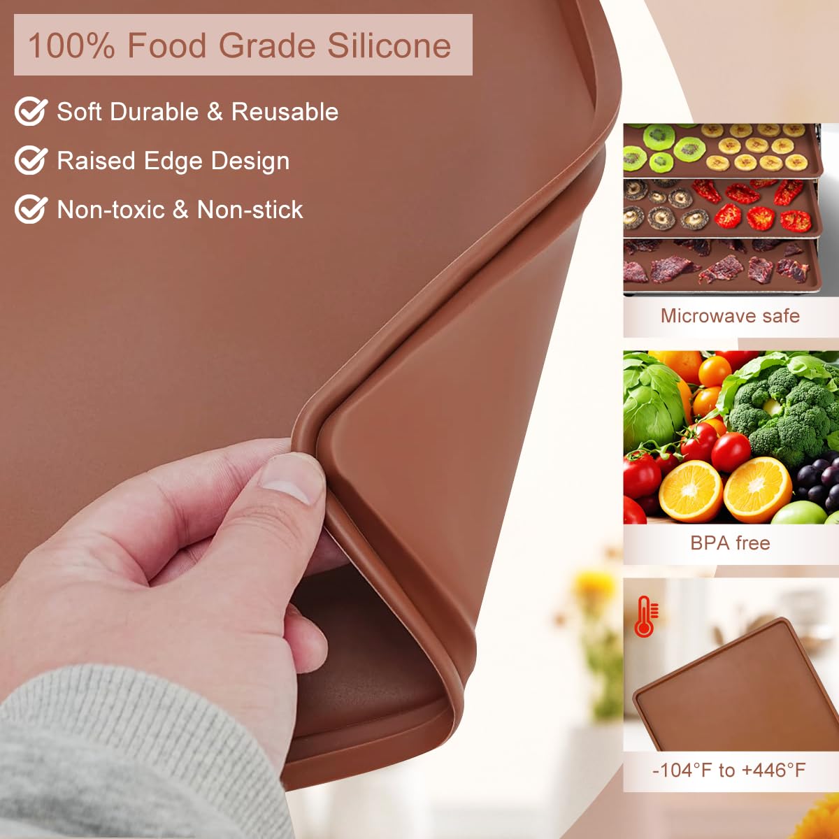 SFV 6 Pack Silicone Dehydrator Trays, 14" x 14" Flexible & Durable Dehydrator Sheets for Excalibur, Non-Stick, Reusable Dehydrators Mats Tray Dryer for Eggs, Fruit Leather, Meat, Herbs, Brown