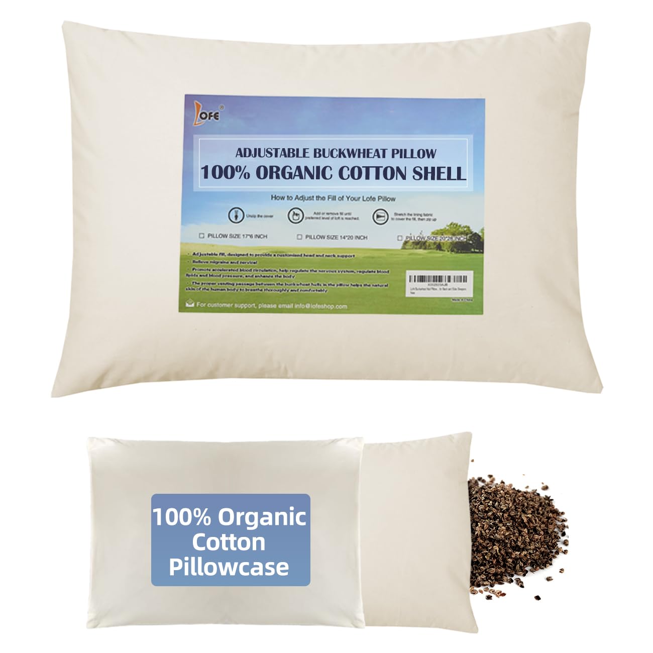 LOFE® Organic Buckwheat Pillow for Sleeping with Organic Cotton Pillowcase - 14x20'' Adjustable Pillow, Breathable for Cool Sleep, Cervical Support for Back and Side Sleepers(Tartary Buckwheat Hulls)