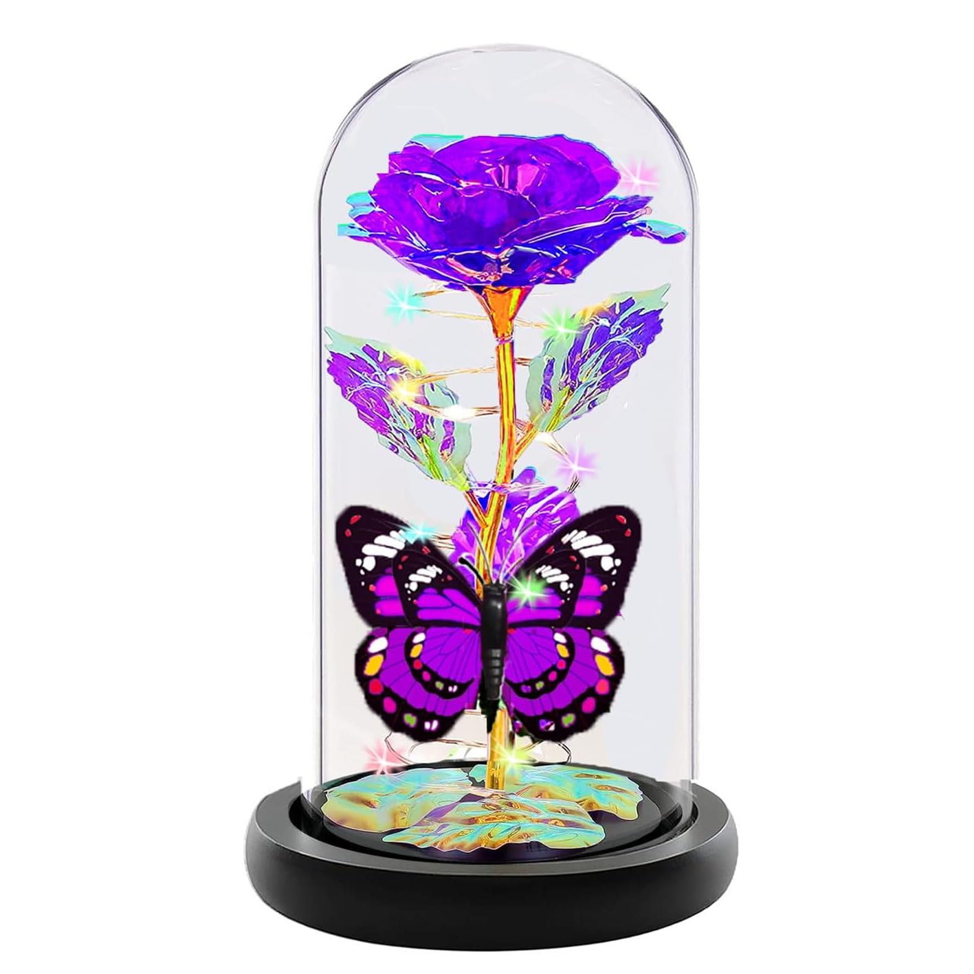 Fvawe Gifts for Women, Rose Glass Flowers Birthday Gifts for Women, Galaxy Crystal Light Up Rose Flowers in A Glass Dome with Butterfly, Mom Sister Wife Daughter Grandma Her Presents Purple