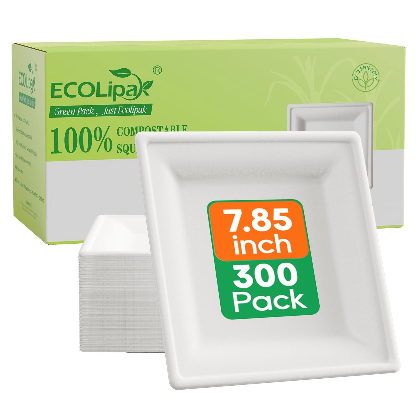 ECOLipak 7.85 Inch Compostable Square Paper Plates, 300 Count Heavy Duty Paper Plates, Eco Friendly Disposable Sugarcane for Party, Daily