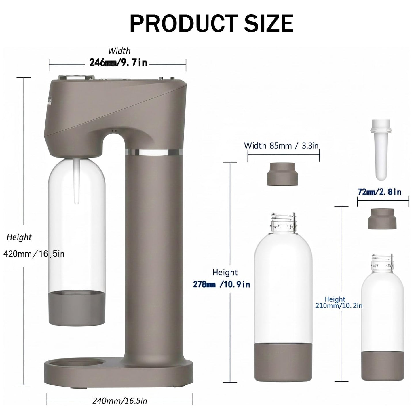 Home Sparkling Water Soda Maker with 2 BPA-Free Bottles (1L + 0.5L) - Carbonated Water Seltzer Fizzy Drink Machine, Compatible with Screw-In 60L CO2 Carbonator (Not Included), Gray