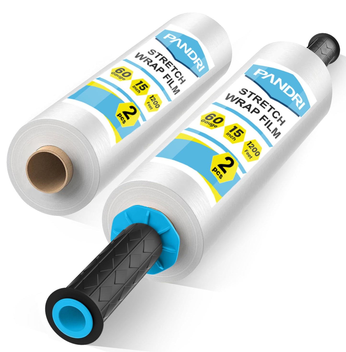 Stretch Film, PANDRI 2 Rolls Stretch Wrap with Handles Industrial Strength, Clear Shrink Wrap, Plastic Wrap for Moving Pallet Wrap, 15" x 1200 Ft Per Roll, 60 Ga, 2 Handles