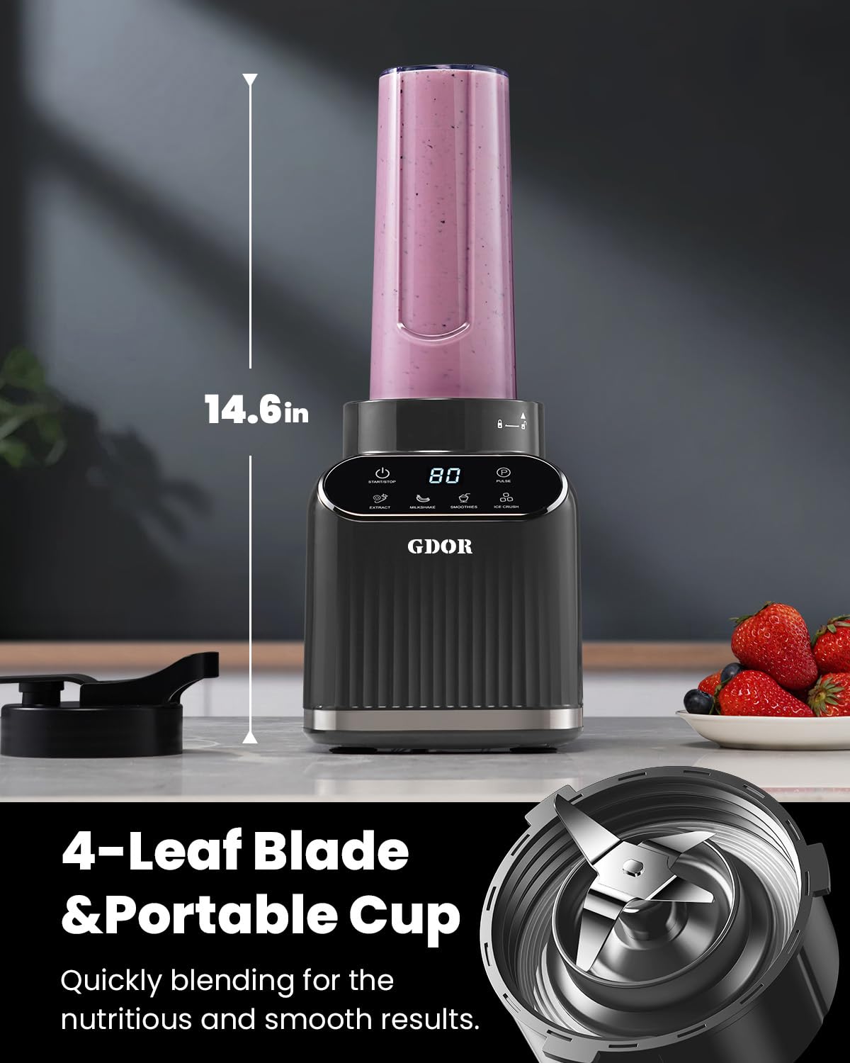 GDOR Professional Blender for Kitchen, 1200 Peak Watts Smoothie Blender, 5 Functions for Ice Crushing & Frozen Fruit, 52 Oz Glass Jar & 24 Oz To-Go Cup Combo, Self-Cleaning, Gray
