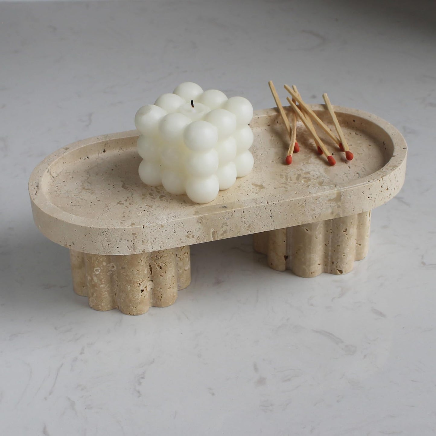 Natural Travertine Marble Oval Tray with 2 Legs, 10" Vanity Decorative Tray for Countertop Organizer, Catchall Tray for Perfume, Candles, Jewelry Dish