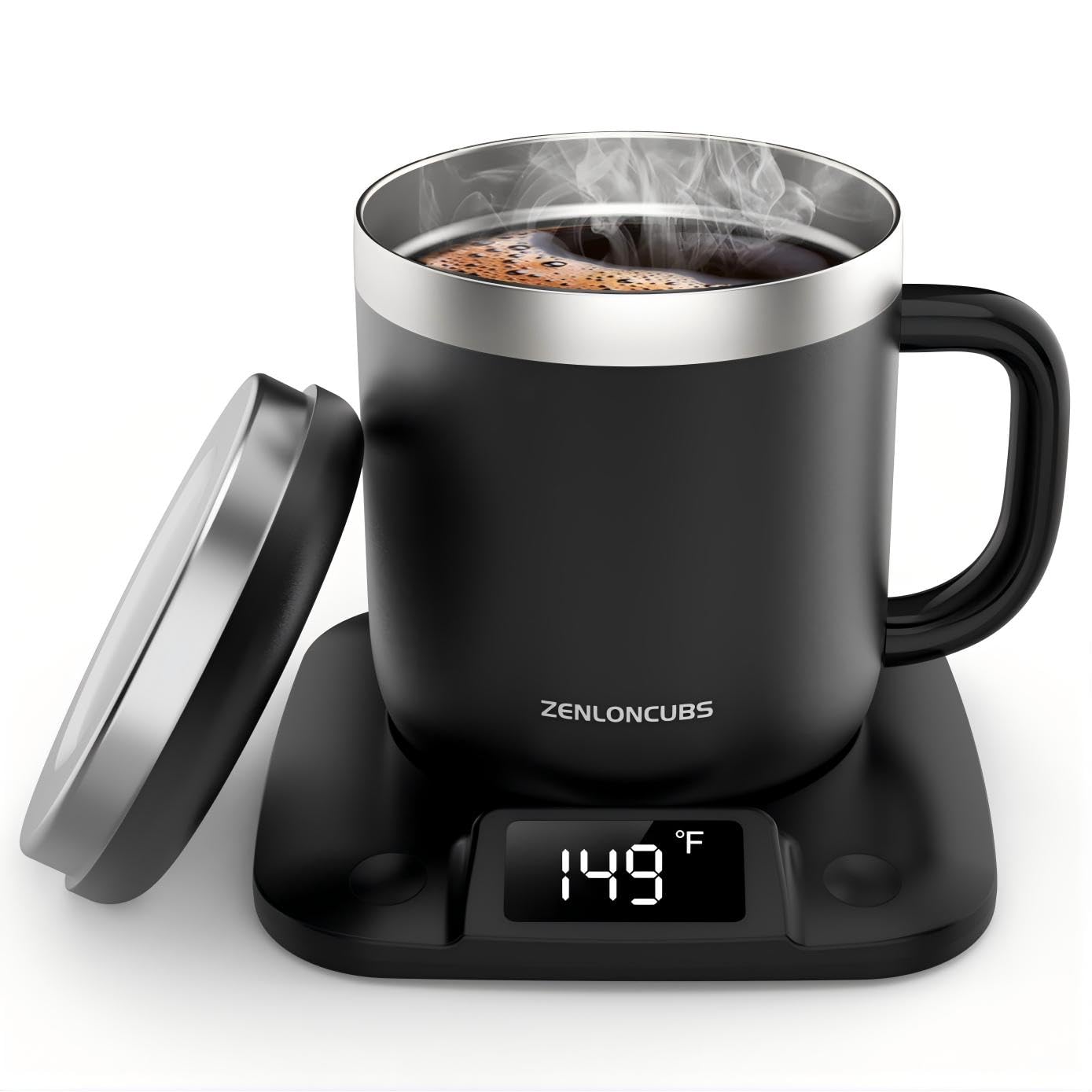ZENLONCUBS Smart Electric Heated Coffee Mug with Temperature Control, 5 Settings & Display, Auto Shut-Off, Fast Heating Warmer Set with Stainsteel Coffee Mug (14oz-Black)