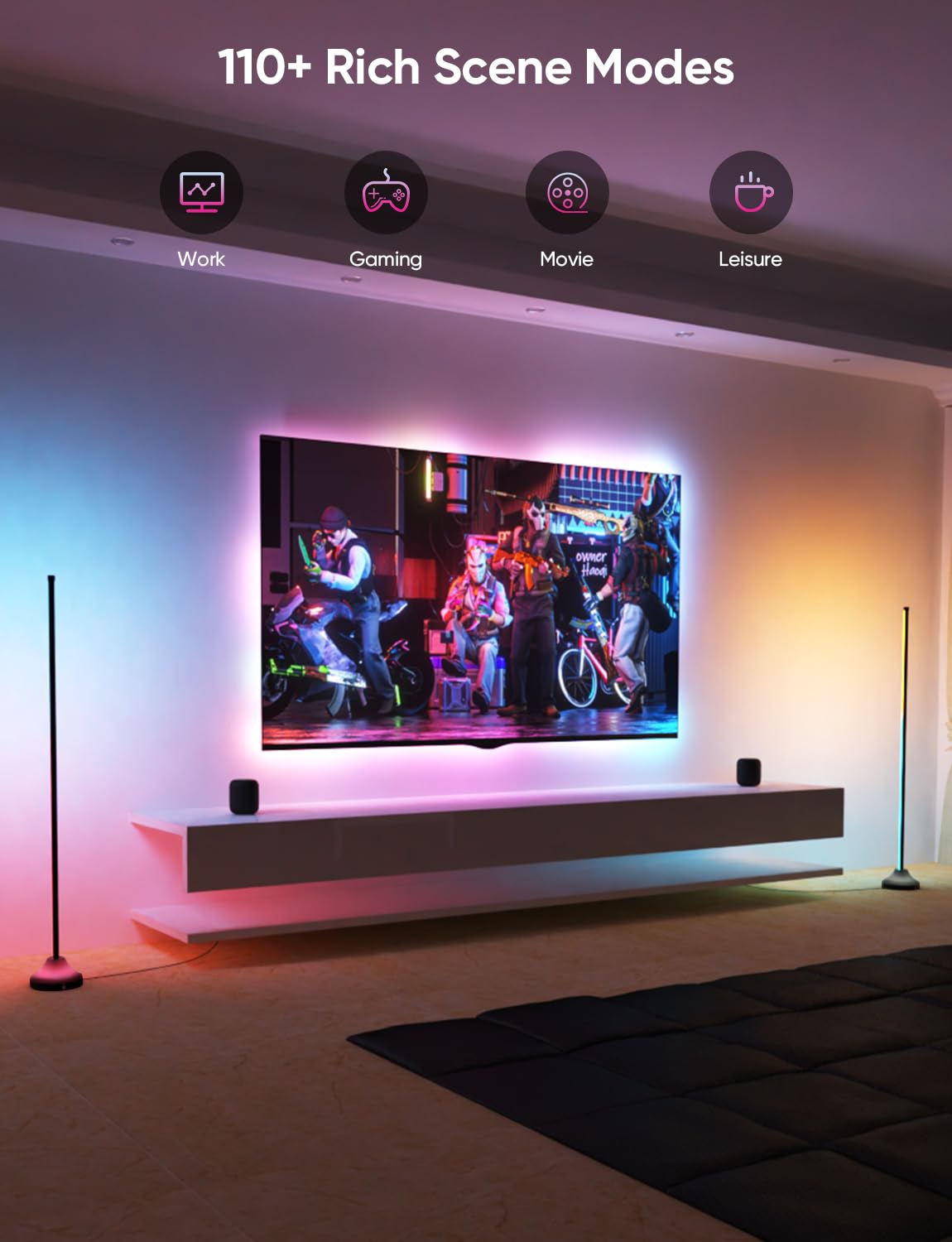 APPECK Smart RGBW Floor Lamp, 1000 lm LED Standing Lamp with APP Control, Dimmable Modern Corner Floor Lamp for Living Room, Bedroom, Compatible with Alexa