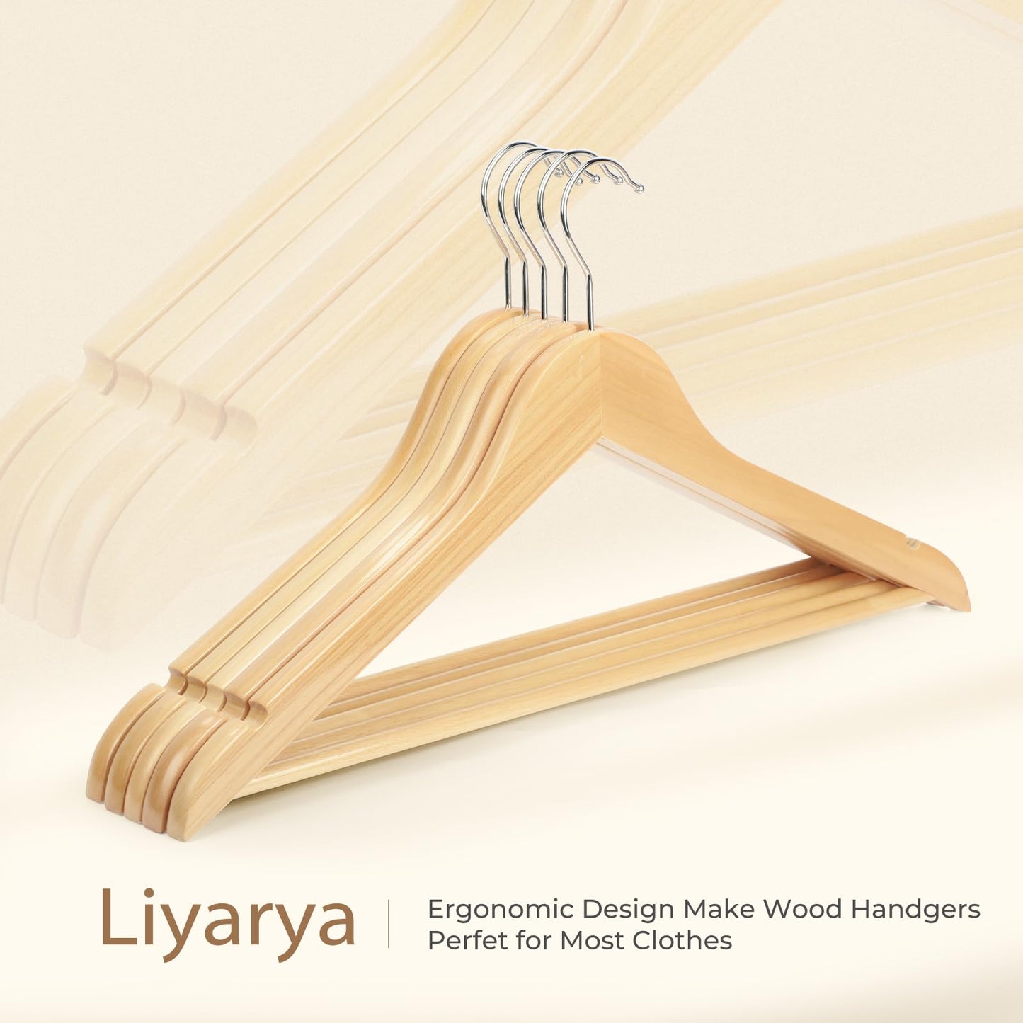 Liyarya 50 Pcs Wooden Hangers, Smooth Finish Wood Hangers with Non-Slip Shoulder Notches, 360° Swivel Hooks, Heavy Duty Clothing Rack for Coats, Suits, Jackets, Shirts - Natural