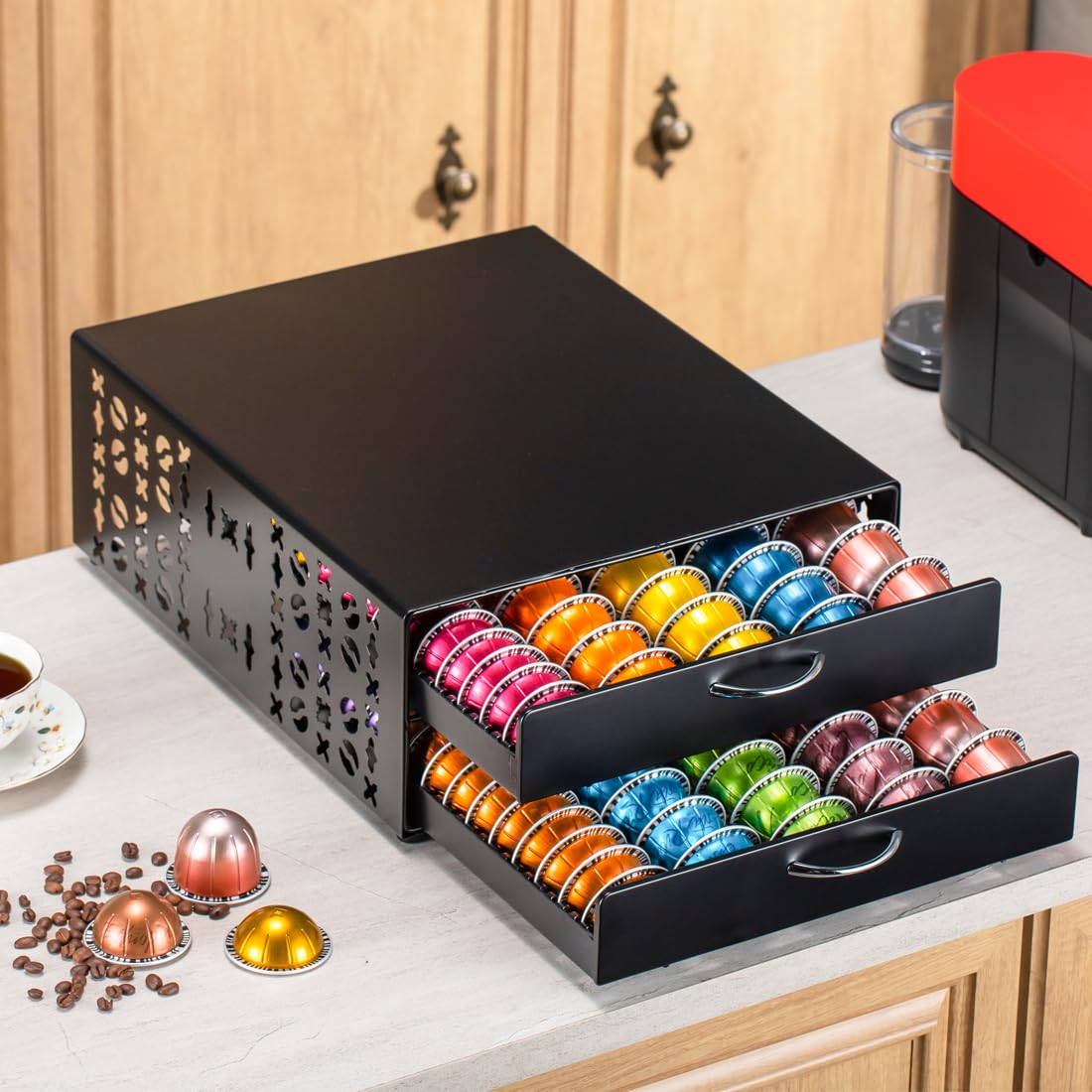 FlagShip for Vertuo Pod Holder Coffee Pod Storage for Nespresso Pod Organizer Large Capacity Fits All Size Vertuo Pods 2 Tier Drawer
