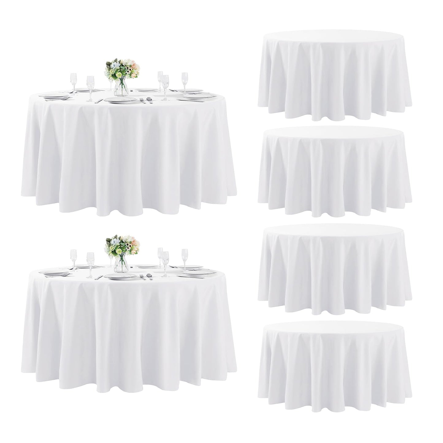 Fokitut 6 Pack Round Tablecloth, 120 Inch, Stain Resistant and Wrinkle Polyester Table Cloth, Fabric Table Cover for Kitchen Dining, Wedding, Party, Holiday Dinner-White