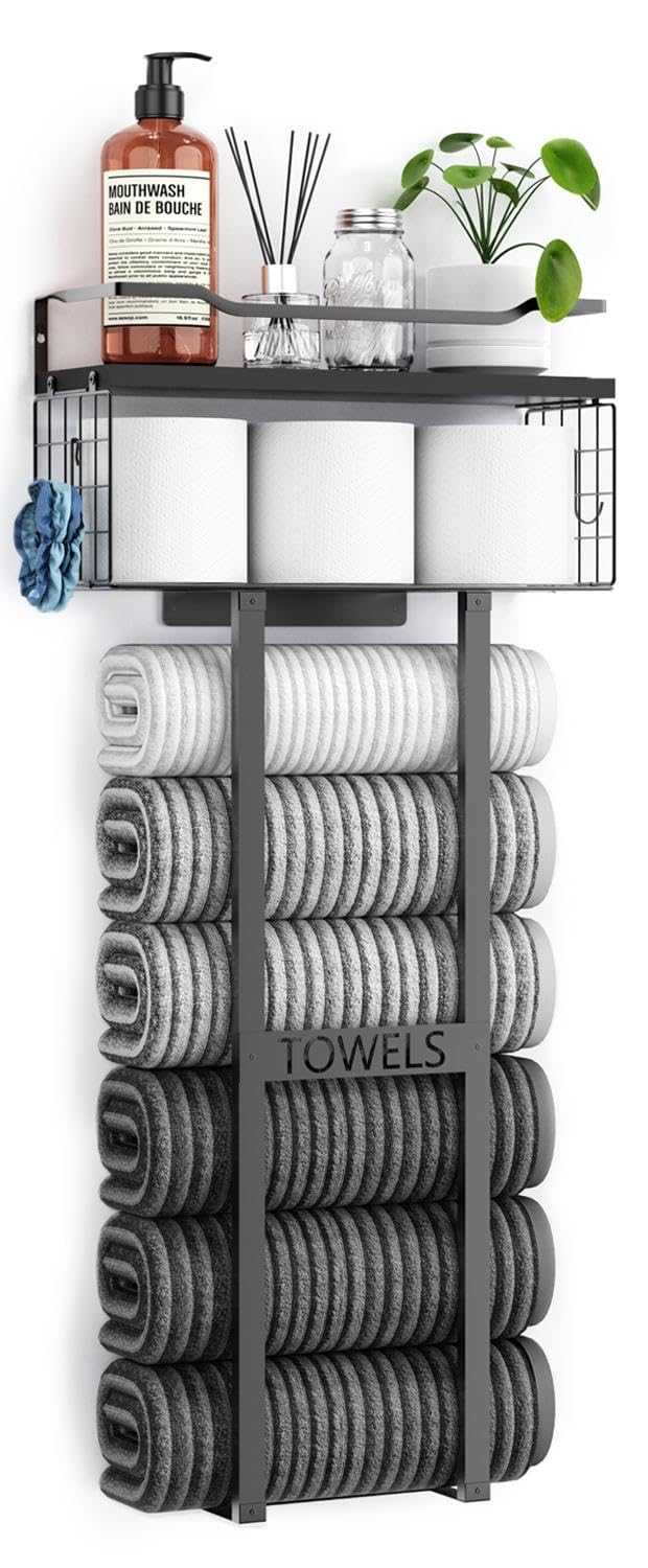 Aetyord Towel Racks for Bathroom 31inch Wall Mounted Towel Rack,Floating Shelf with Wood Plank,Towel Storage for Bathroom can Holds 6 Large Rolled Towels,All Black